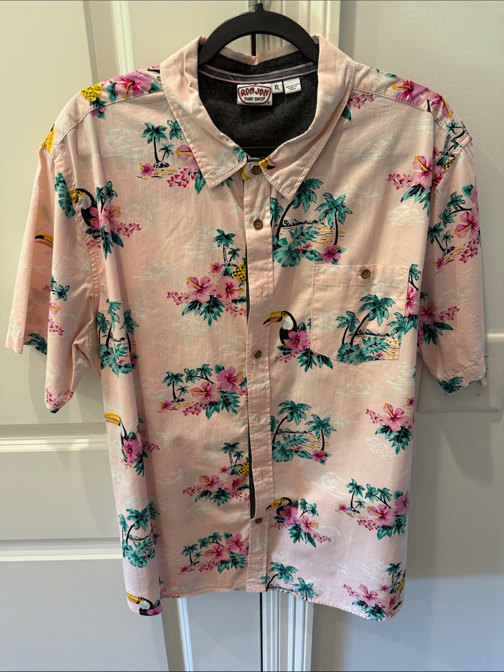 Ron Jon Pink Tropical Toucan Floral Short Sleeve Button-Down Shirt